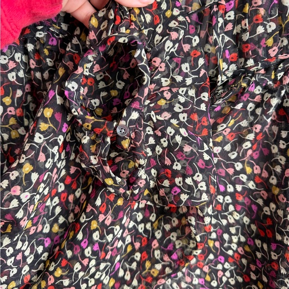 Joie Sheer Black Pink Floral Tie V-Neck Bishop Sleeve Blouse Womens M Preppy - Picture 4 of 5